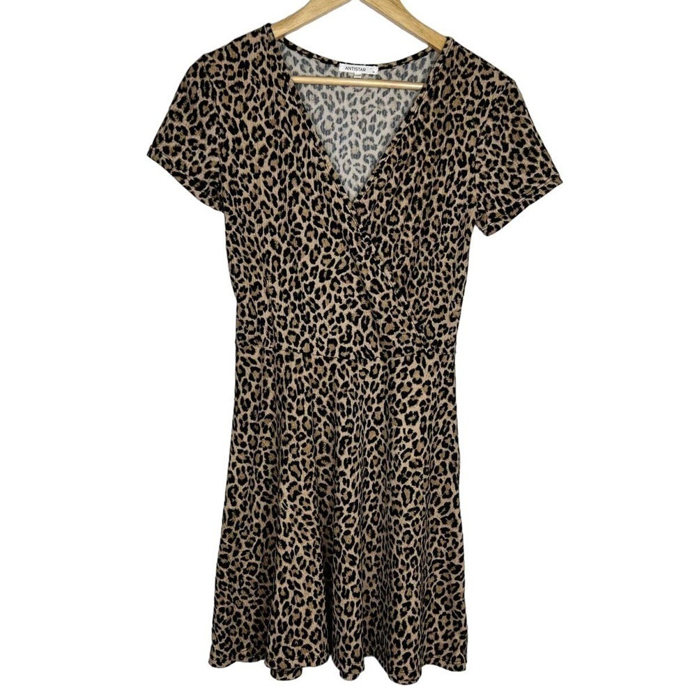 Antistar Leopard Print Brown Black Stretch Casual V Neck Dress Medium